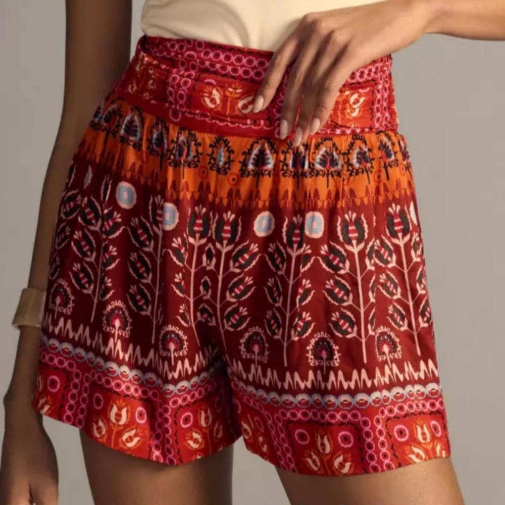 Anthropologie Smocked Floral Print Shorts Red Orange 2X Boho Beach Casual